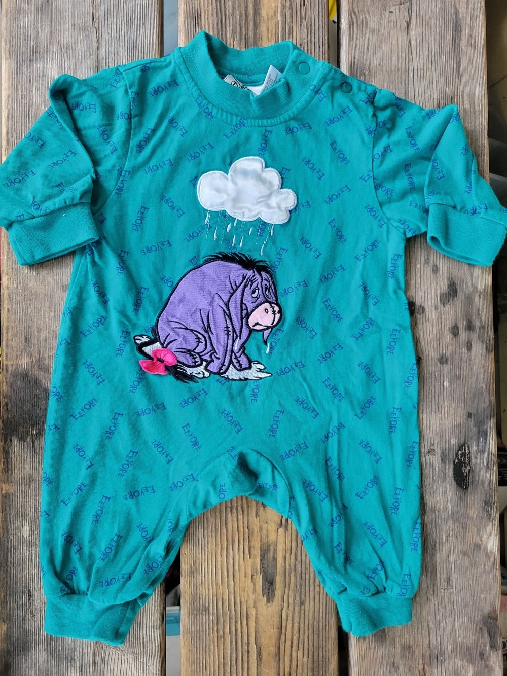 VINTAGE DISNEY STORE / POOH SZ 6M VGUC TEAL EEYORE UNDER RAIN CLOUD Romper Grail